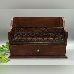 Vintage Wooden Letter Holder with Drawer - Desk Organizer - Mail Sorter
